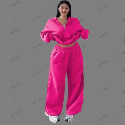 Casual Womens Fashion Half-Zip Pullover Hoodie And Pants Two-Piece Set