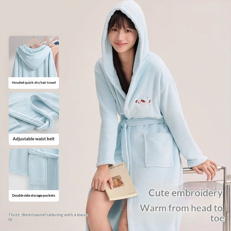 Water-absorbing Hooded Thickened Coral Fleece Bathrobe