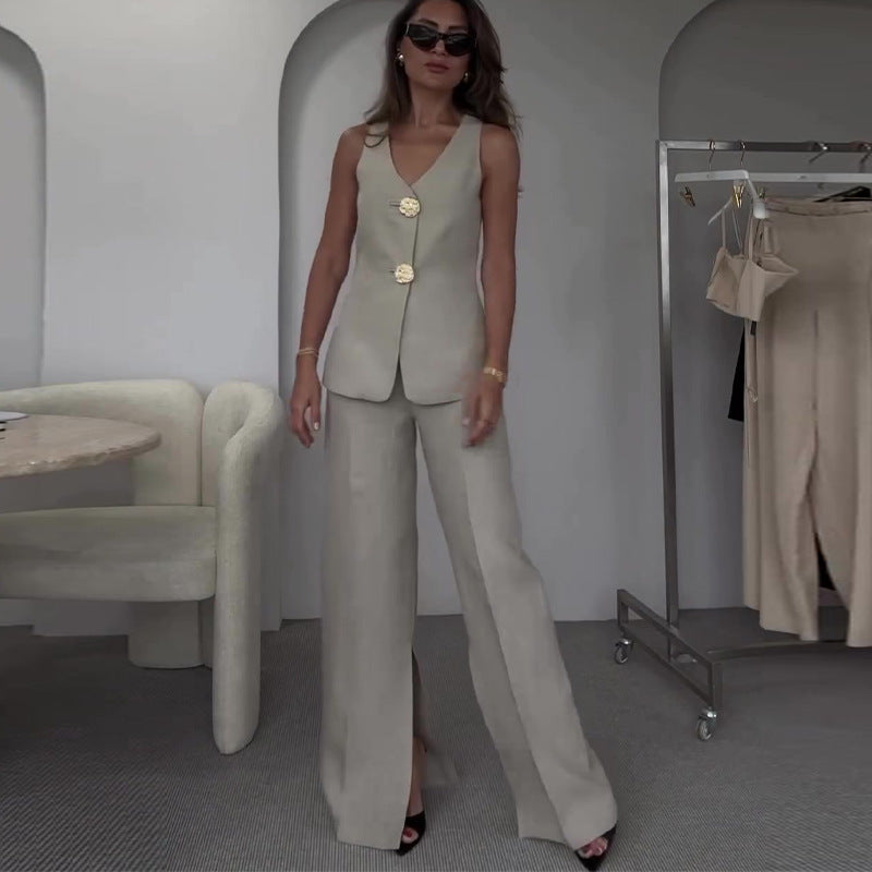 Summer New European And American Solid Color Sleeveless Slim Fit Vest Suit Pant Suit