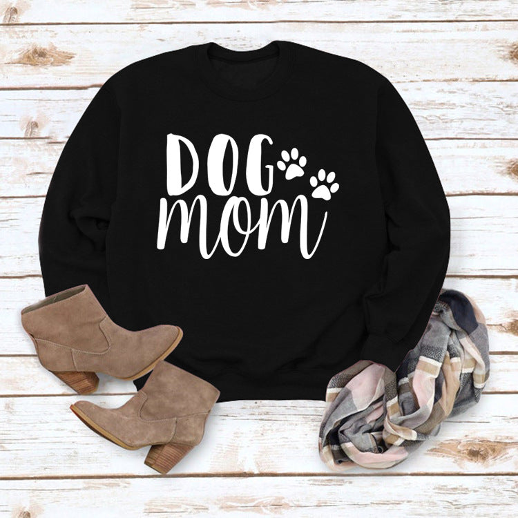 Dog Mom Lettered Casual Round Neck Long Sleeve Sweater Europe And America Cross Border Fashion Loose Base Ride Top For Women