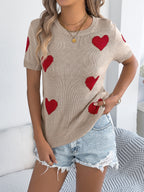 Women S Casual Color Block Heart Short Sleeve Knit Valentine S Top