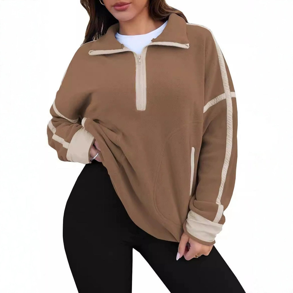 Stand-up Collar Casual Color-block Women's Zip-up Long-sleeve