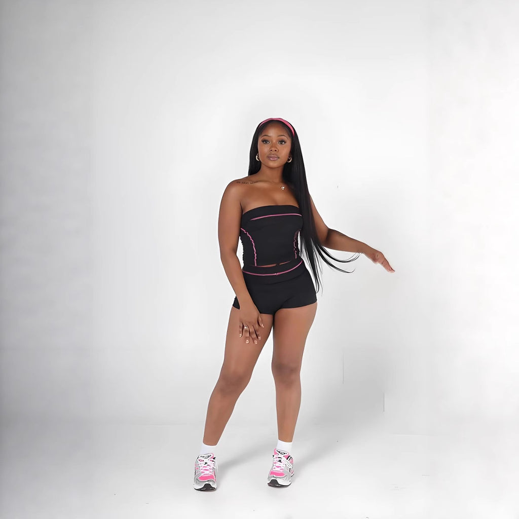 Contrast-Color Strapless Top And Shorts Sports Fitness Yoga Set