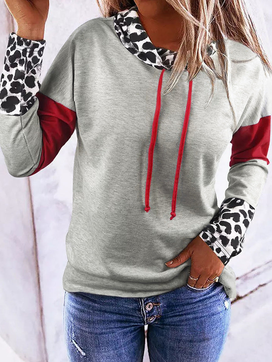 Women's Turtleneck Drawstring Sweatshirt Leopard Splicing Top