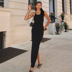 Neck-hanging Contrast-Color Crew Neck Slimming Knitted Backless Split Dress