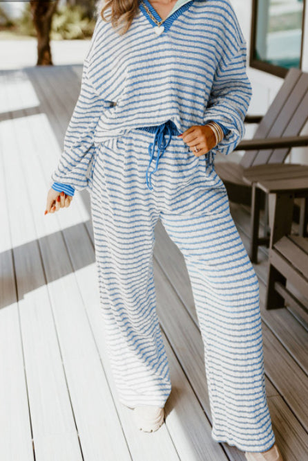 Khaki Stripe Collared Pullover Top And Drawstring Pant Set