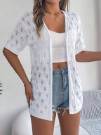 Women S Leaf Hollow Out Short Sleeve Knit Cardigan Vacation Cover-Up