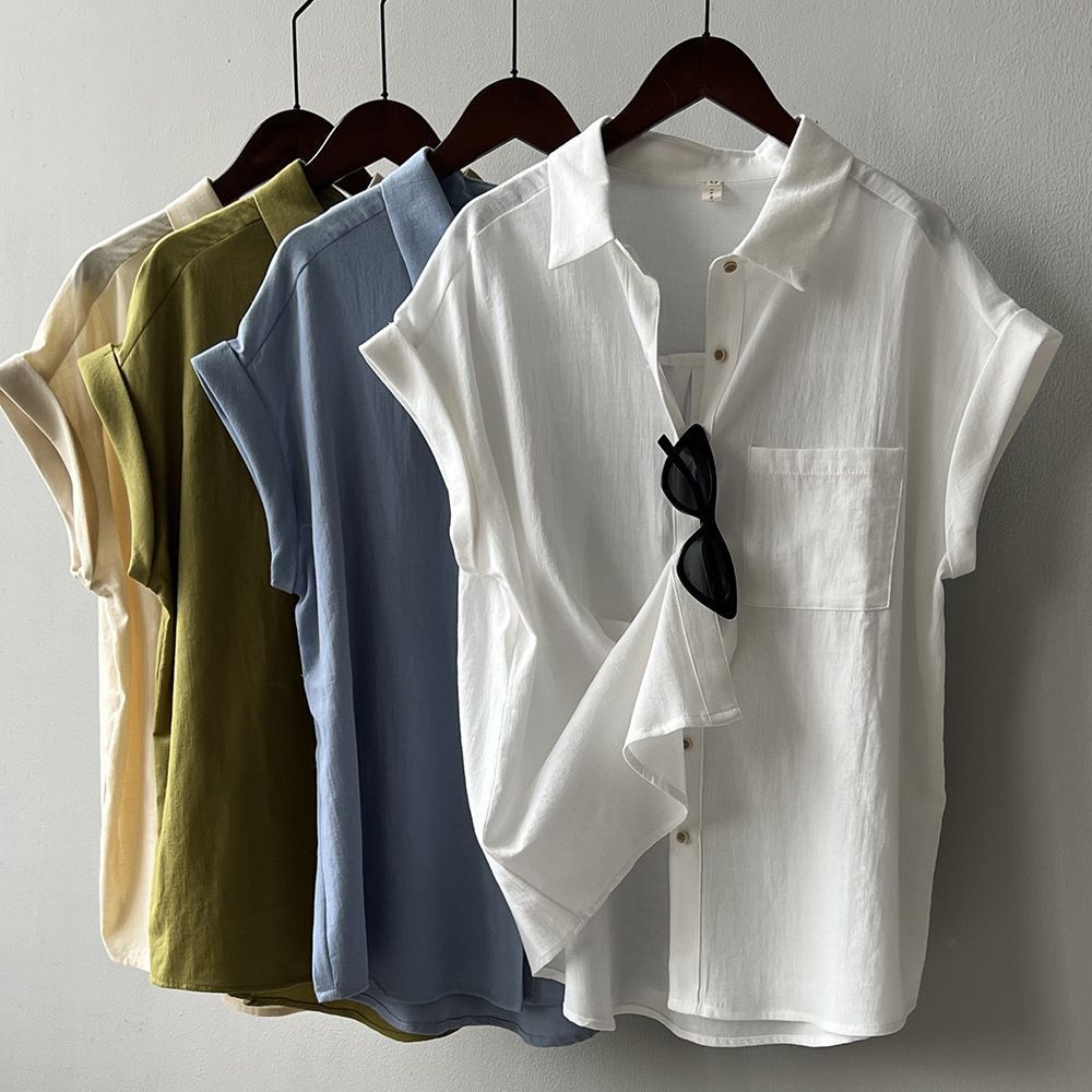 Rolled-sleeve Short-sleeve Shirt Womens Summer-style French Top