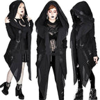 Irregular Black Punk Hooded Jacket Long Patchwork Printed Sweater