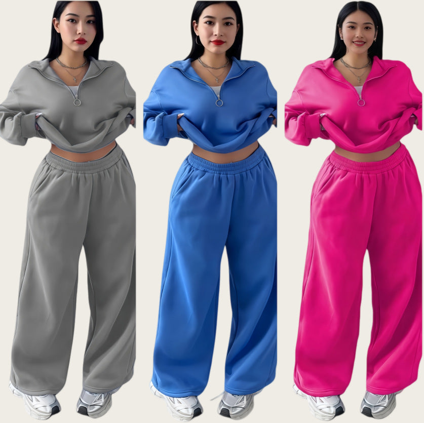Casual Womens Fashion Half-Zip Pullover Hoodie And Pants Two-Piece Set