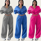 Casual Womens Fashion Half-Zip Pullover Hoodie And Pants Two-Piece Set
