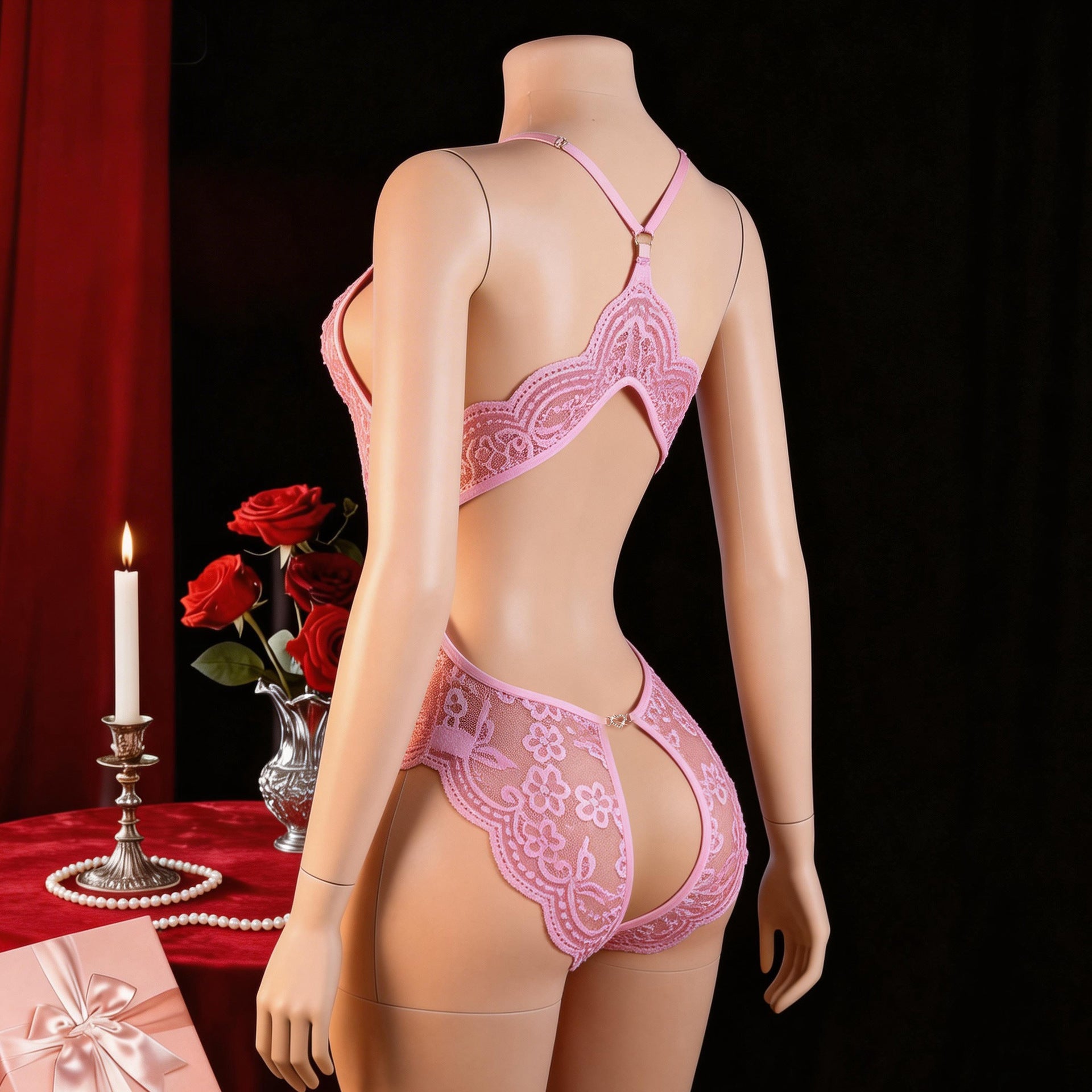European And American Plus-Size Lace Open-Crotch Bodysuit