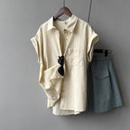 Rolled-sleeve Short-sleeve Shirt Womens Summer-style French Top