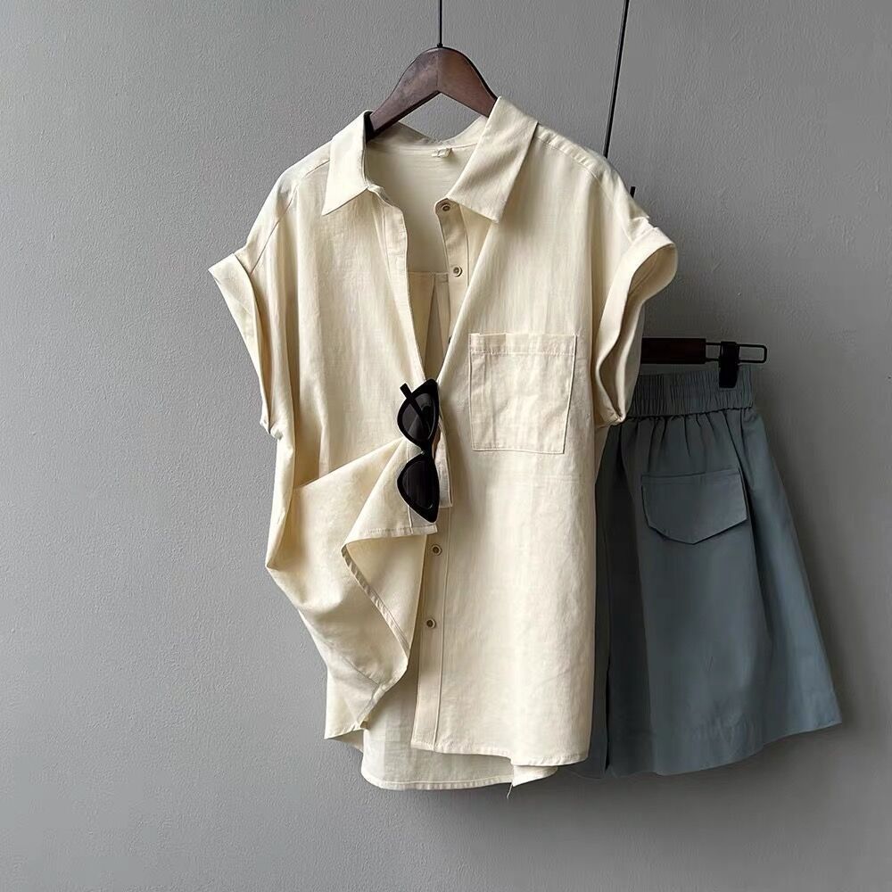 Rolled-sleeve Short-sleeve Shirt Womens Summer-style French Top