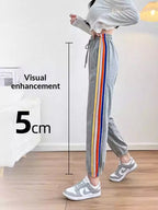 High-waisted Ankle-tied Joggers With A Gray-and-white Rainbow Stripe Design
