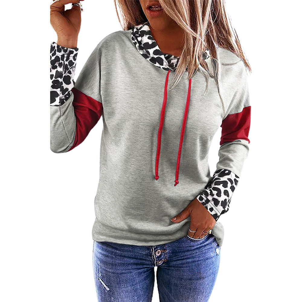 Women's Turtleneck Drawstring Sweatshirt Leopard Splicing Top