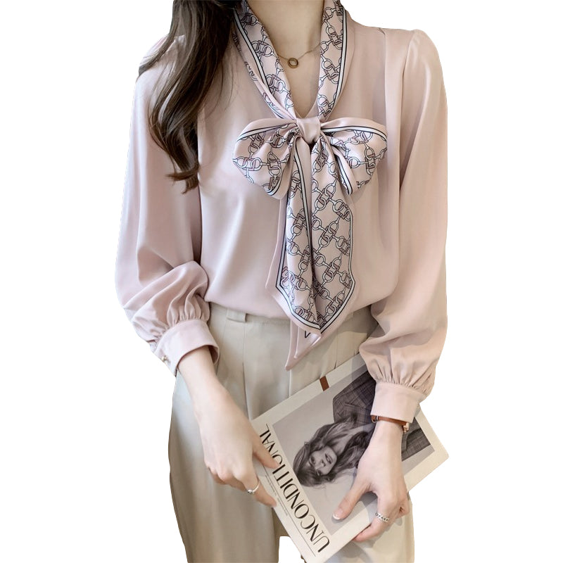 Professional Shirt Women''s Autumn Dress Long Sleeve Bow Ribbon Bubble Sleeve