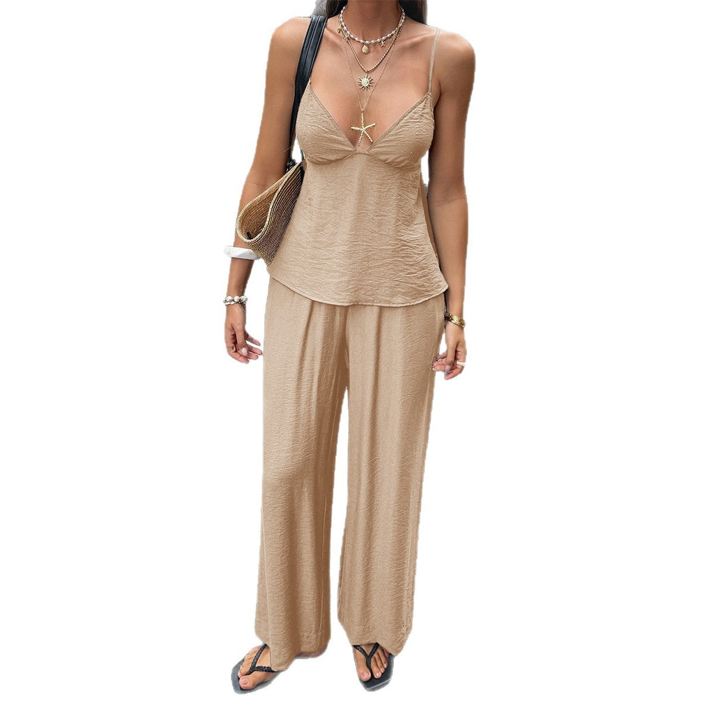 SpringSummer Resort-Style Camisole T-shirt And Pants Womens Outfit Set