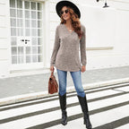 V-neck Casual Top Ribbed Pullover Hoodie For Women