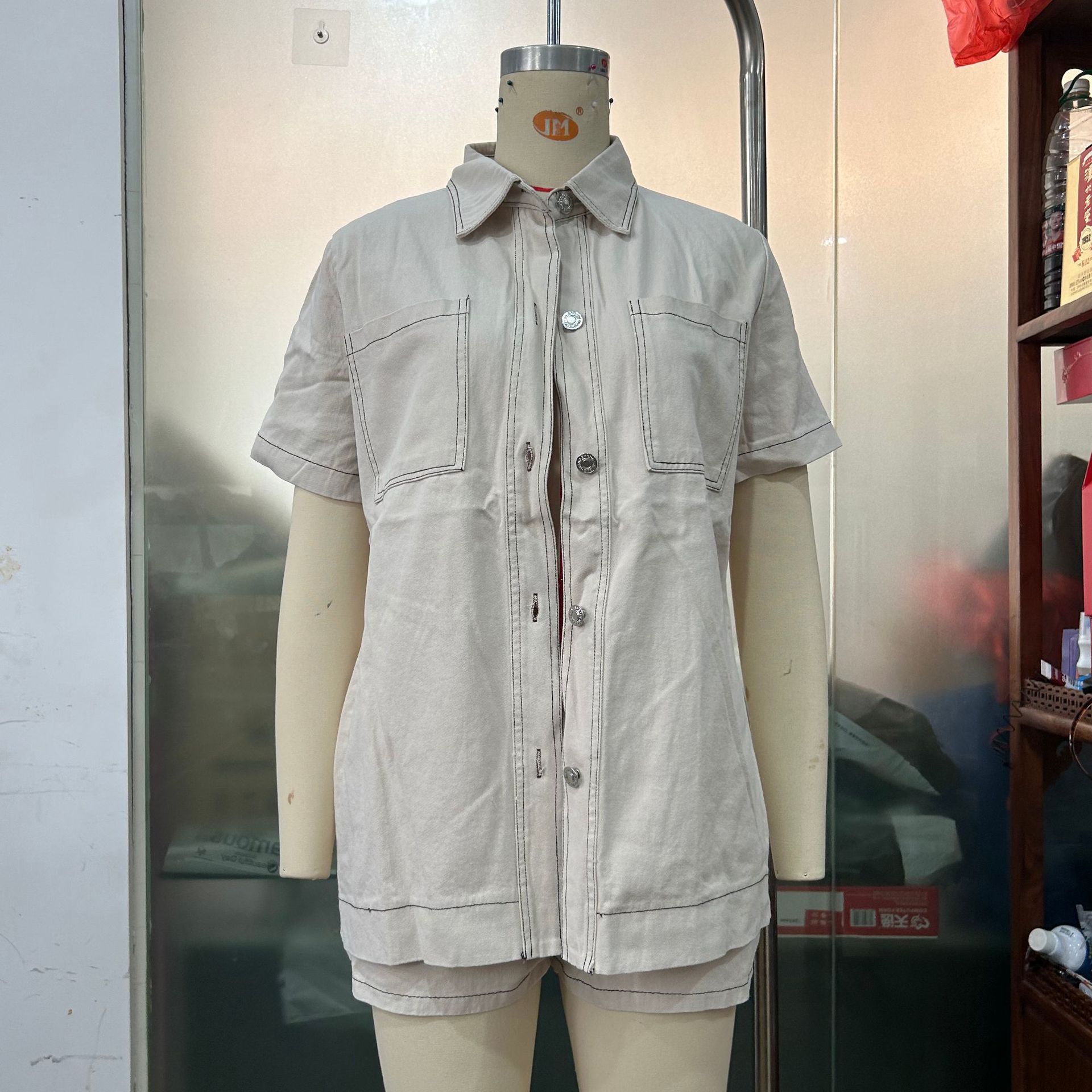 Retro Workwear Long Shirt And Shorts Two-Piece Set