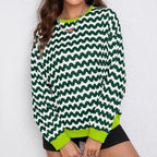 Wave-patterned Color-Block Long-Sleeve Crewneck Loose-Fit Pullover Sweatshirt