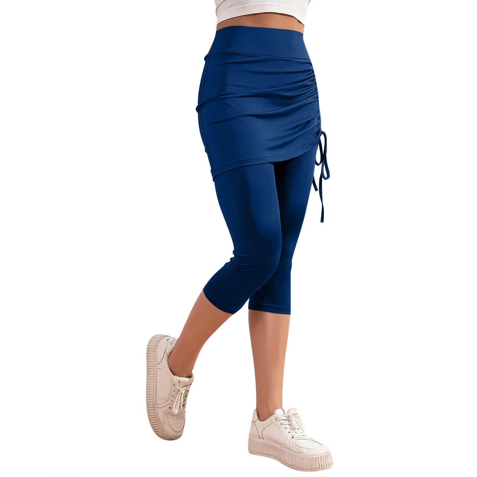 High-waisted Solid-color Slim-fit Ruched Capri Pants For Summer