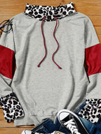 Women's Turtleneck Drawstring Sweatshirt Leopard Splicing Top