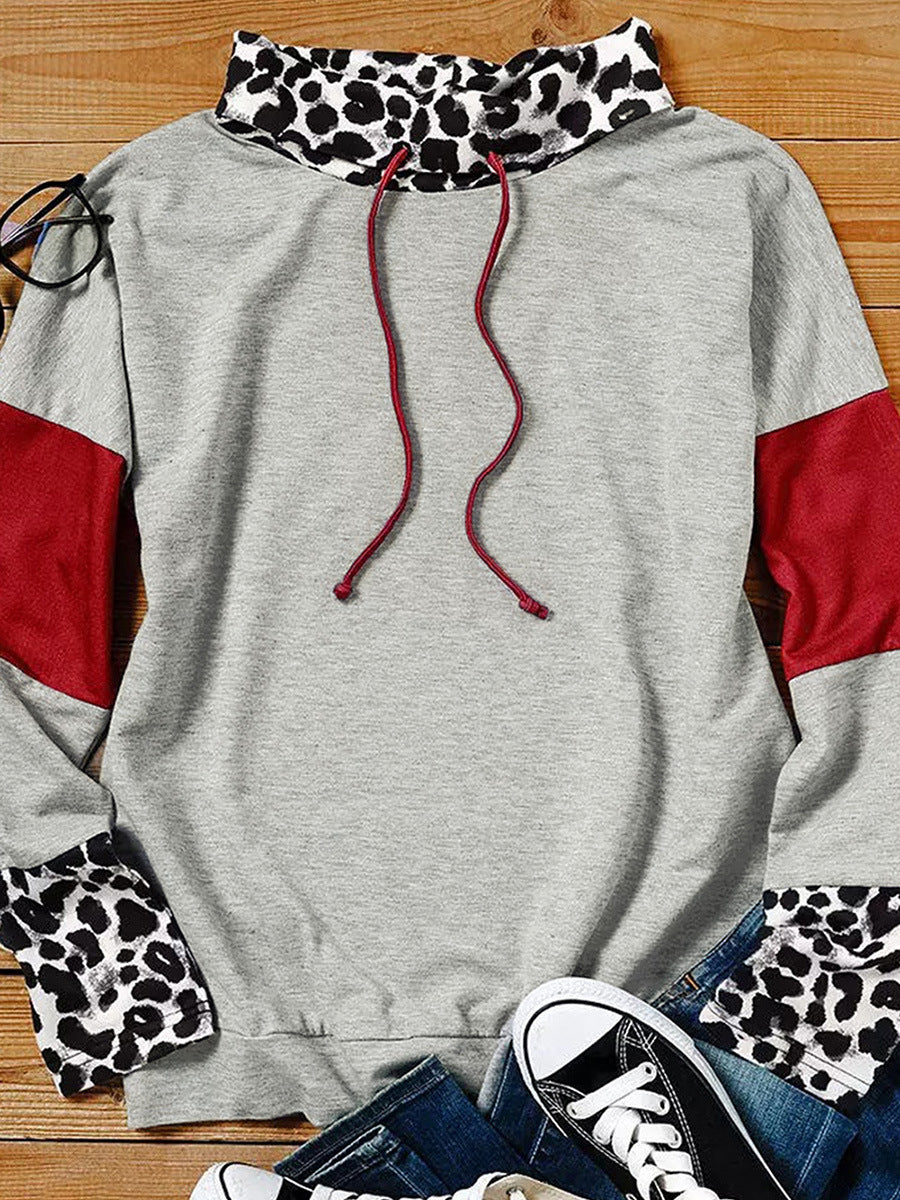 Women's Turtleneck Drawstring Sweatshirt Leopard Splicing Top