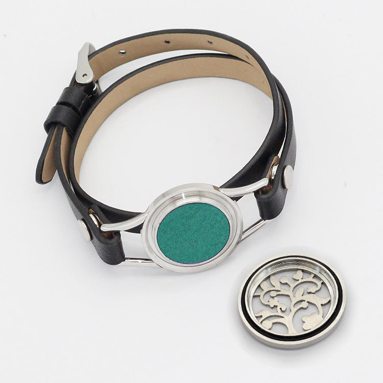 Stainless Steel Titanium Steel Hollow Perfume Fragrance Bracelet Double Circle Leather Belt Essential Oil Diffusion Fragrance Bracelet
