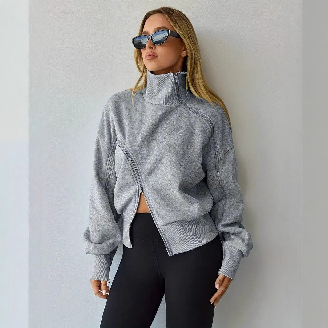 Contrast-color Zipper Short Chic Mock-neck Hoodie