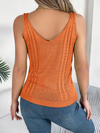 Women S Casual Solid Color V-Neck Hollow Out Knit Vacation Top