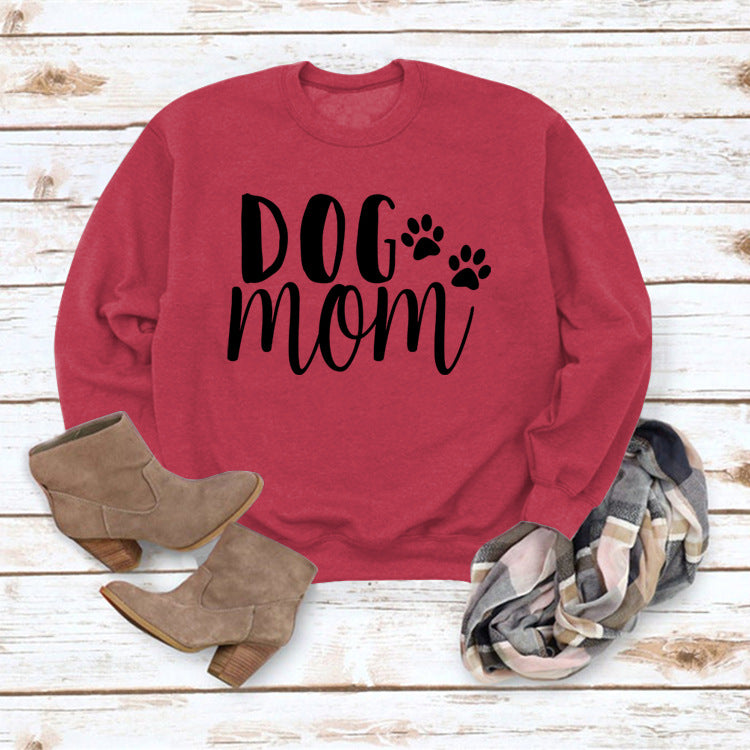 Dog Mom Lettered Casual Round Neck Long Sleeve Sweater Europe And America Cross Border Fashion Loose Base Ride Top For Women