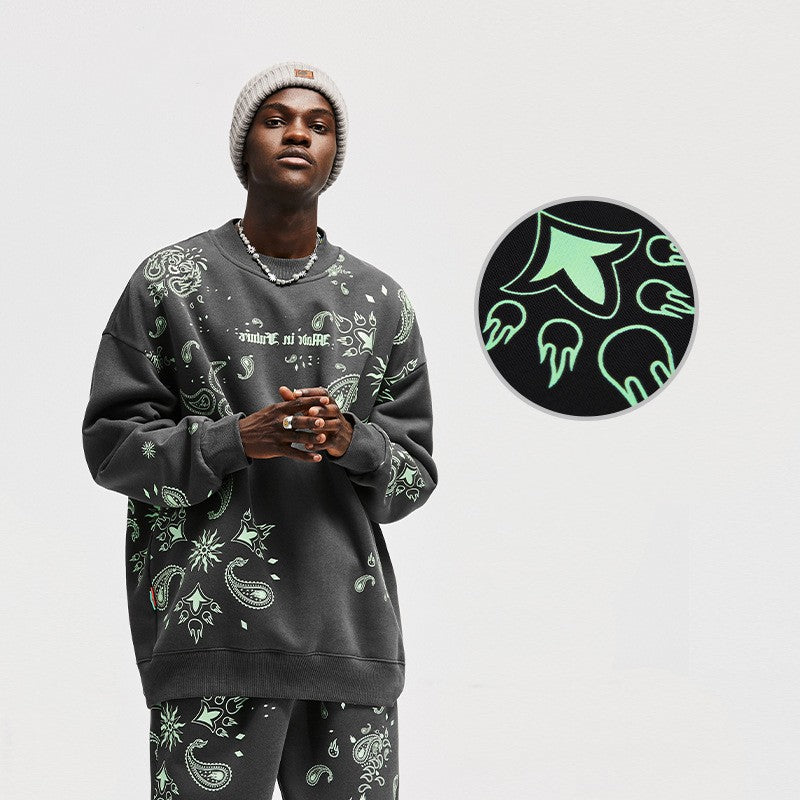 Luminous Cashew Flower Print Polar Fleece Hoodie