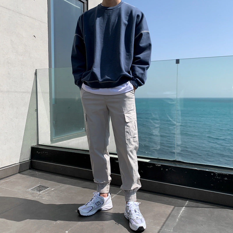 Crewneck Hoodie Men's Autumn Loose Design Sense Niche Solid Color Long-sleeved T-shirt Top