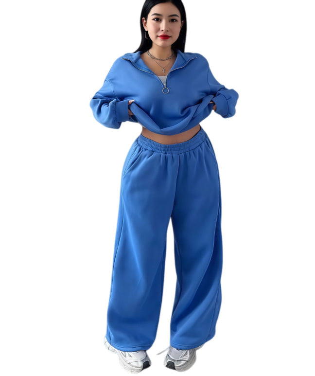 Casual Womens Fashion Half-Zip Pullover Hoodie And Pants Two-Piece Set