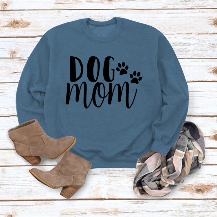 Dog Mom Lettered Casual Round Neck Long Sleeve Sweater Europe And America Cross Border Fashion Loose Base Ride Top For Women