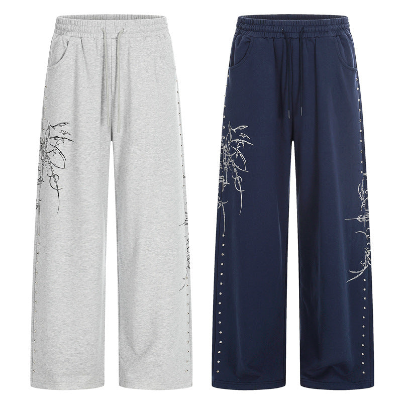 High-Street American-Style Design Womens Straight Joggers With Thorn Print