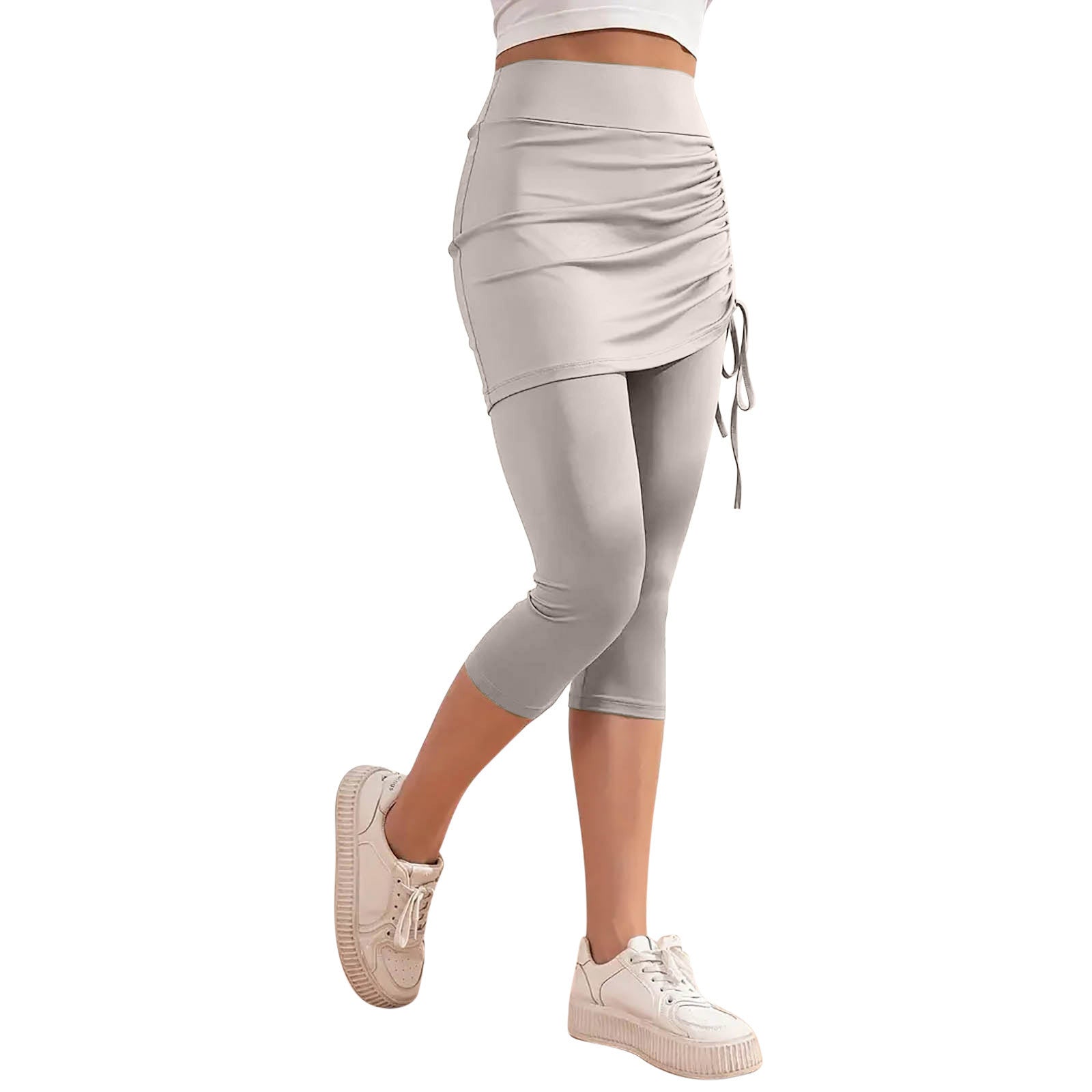High-waisted Solid-color Slim-fit Ruched Capri Pants For Summer