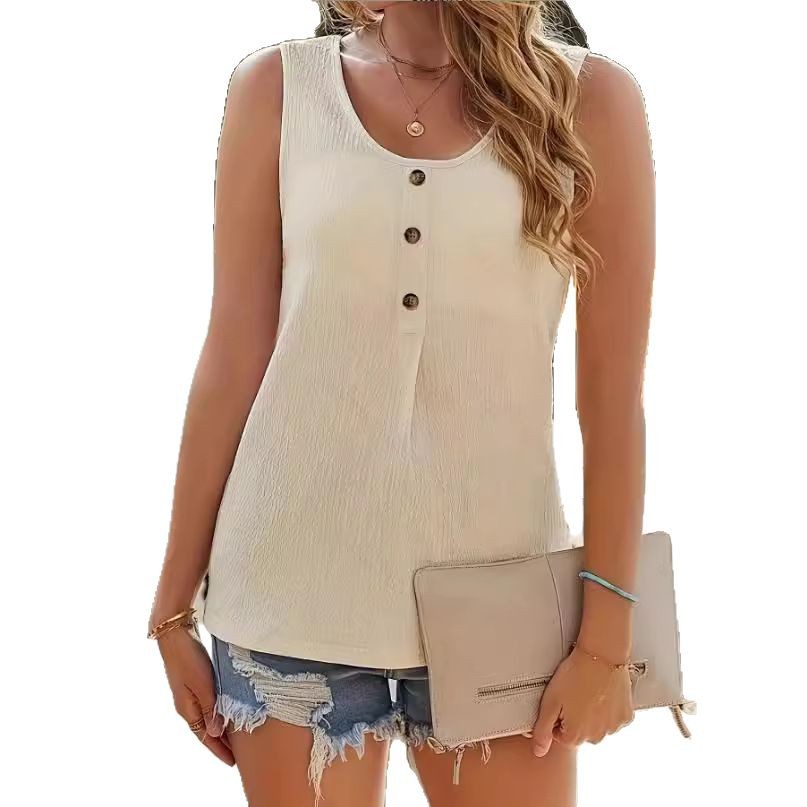 Fashionable Textured Button Loose Casual Round Neck T-shirt For Women