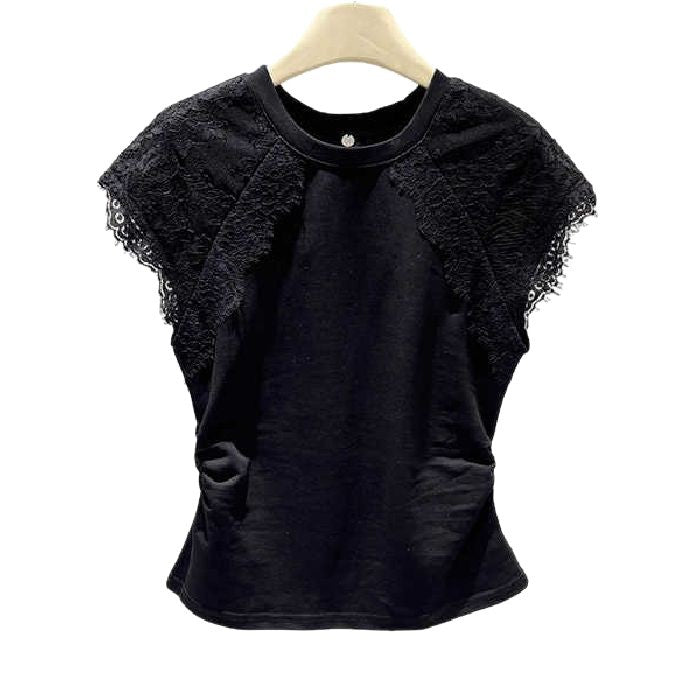 Simple Lace-spliced Round-neck Short Sleeves