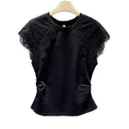 Simple Lace-spliced Round-neck Short Sleeves