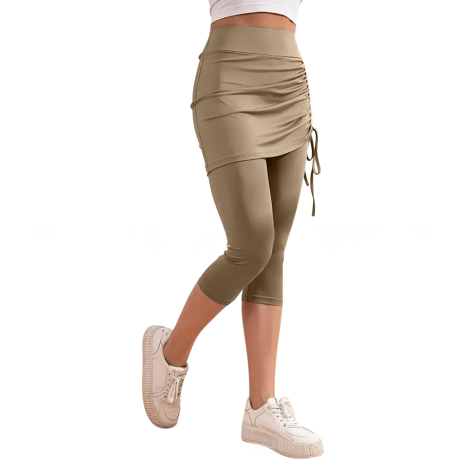 High-waisted Solid-color Slim-fit Ruched Capri Pants For Summer