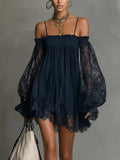 Long-sleeve Slip Dress In Solid Color With A Stretchy Boat Neck And Lace Detailing