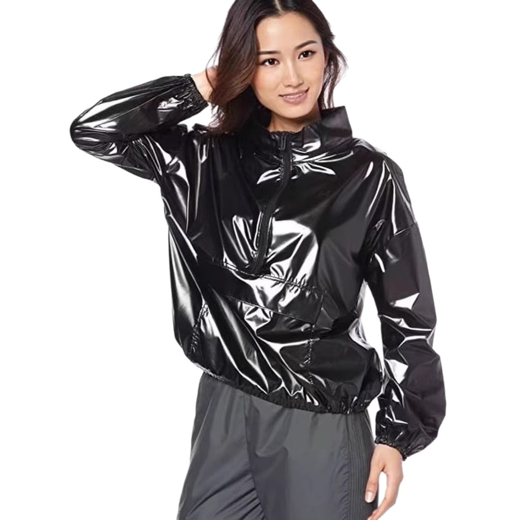 PU Faux Leather Mirrored Surface High-neck Zip-up Loose-fit Streetwear Hoodie