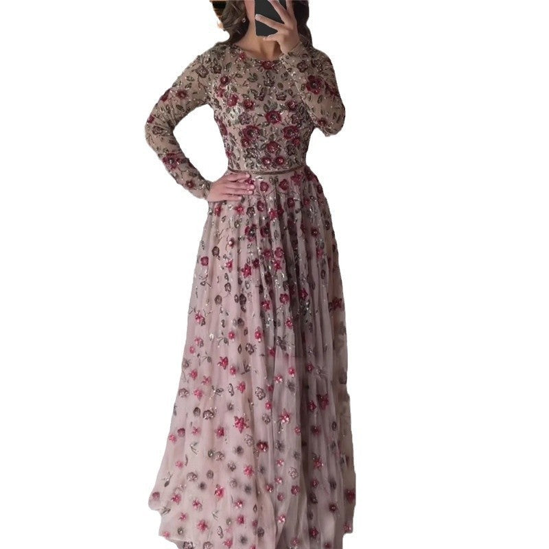 Figure-hugging Slimming Long-sleeve Belted Maxi Dress