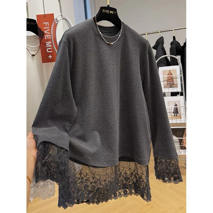 Lace-sleeved Long-sleeve T-shirt Loose-fitting Plus-size Mid-length Base Layer With Brushed Fabric
