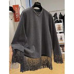 Lace-sleeved Long-sleeve T-shirt Loose-fitting Plus-size Mid-length Base Layer With Brushed Fabric