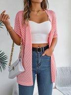 Women S Vertical Stripe Hollow Out Short Sleeve Knit Cardigan Cover-Up