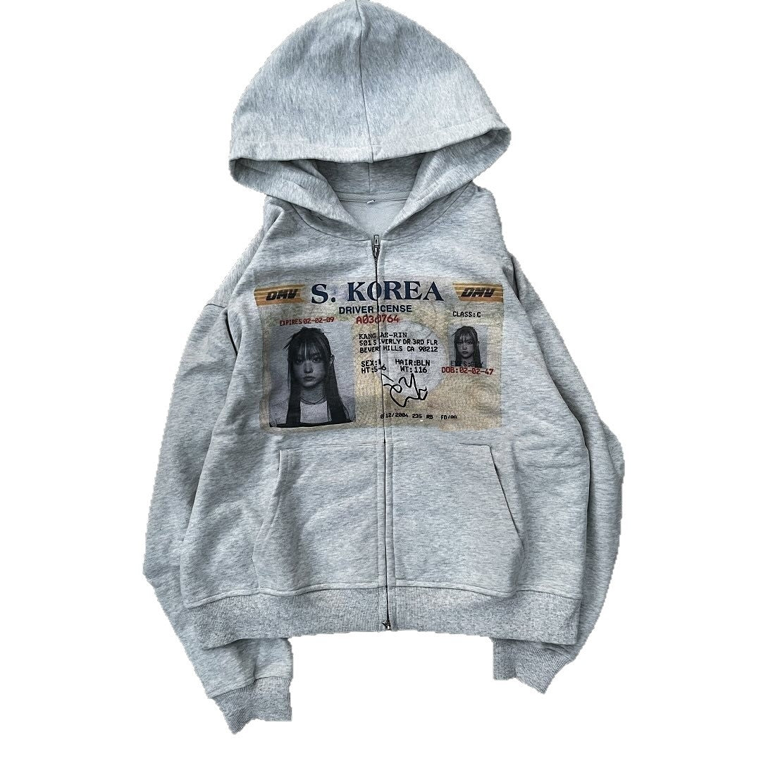American-style Retro ID Card Print Zip-Up Hoodie