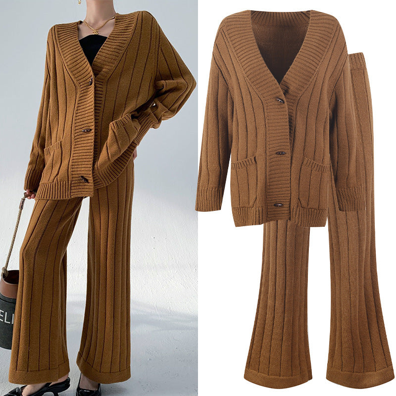 Knitted Women's Threaded Pocket V-neck Coat High Waist Wide Leg Pant Suit